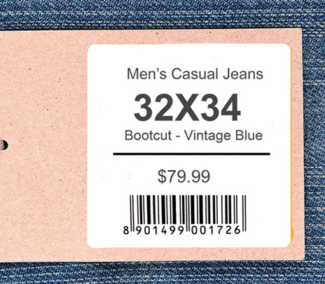 Retail price label applied to men’s jeans with barcode